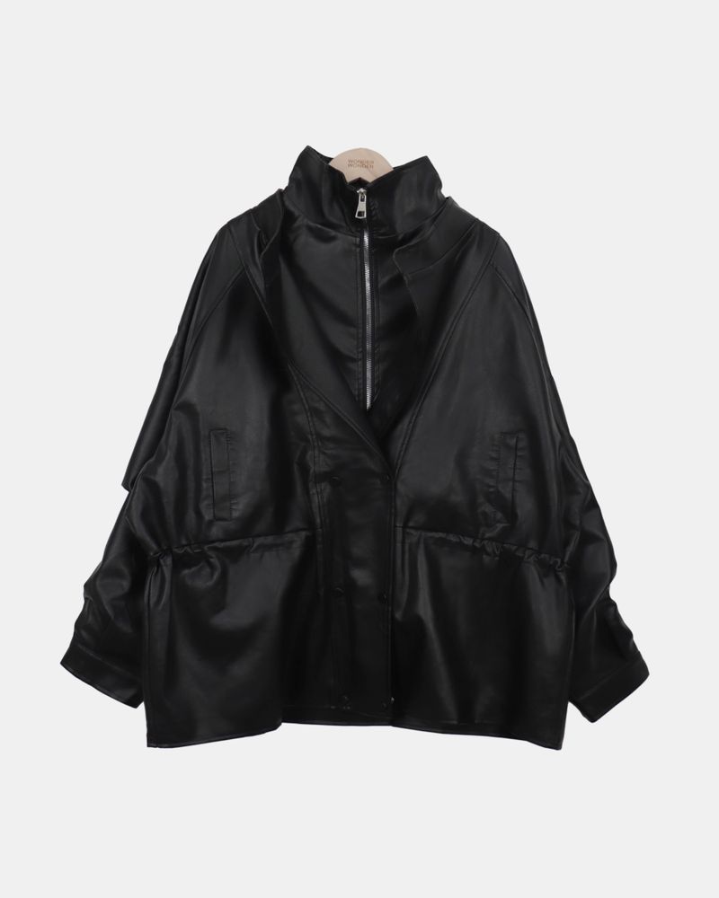 レヴェン ハイネック レイヤード レザー ジャケット