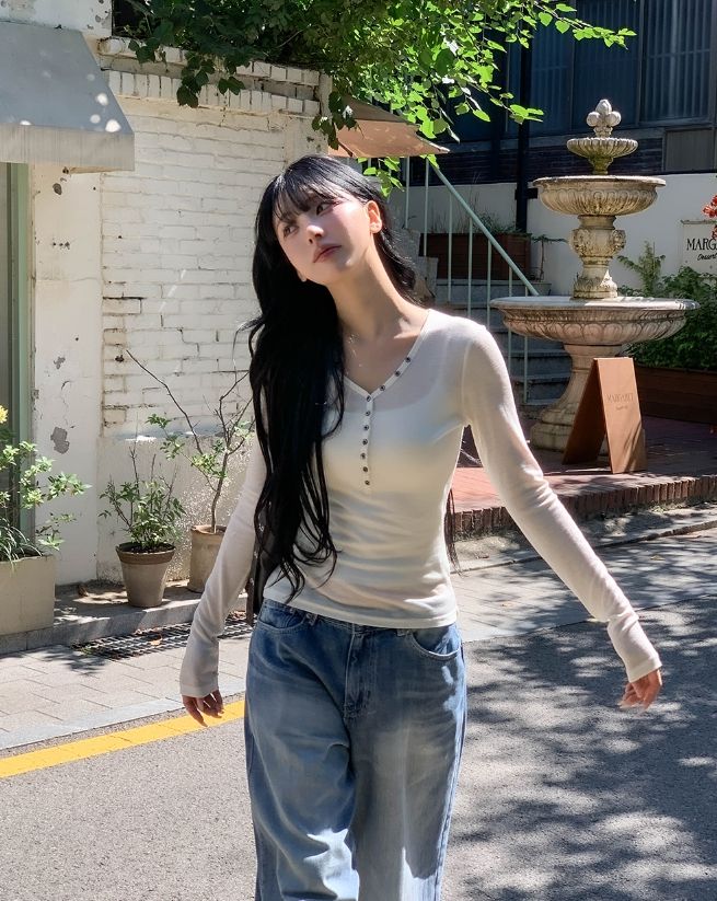 ピクシーボタンVネックスリムテンセルロングスリーブ