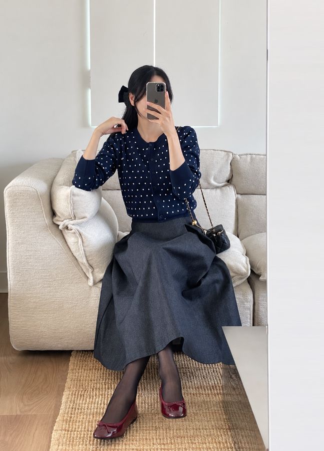 Moel Round Neck Dot Knit Cardigan