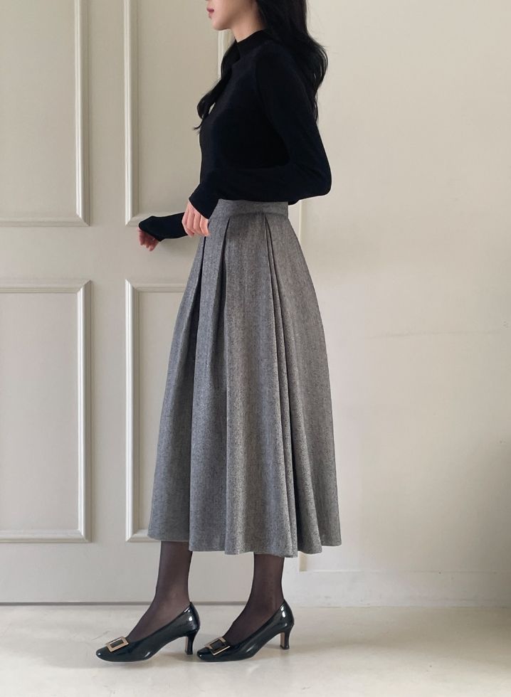 Nortel Pintuck Herringbone Flare Long Skirt