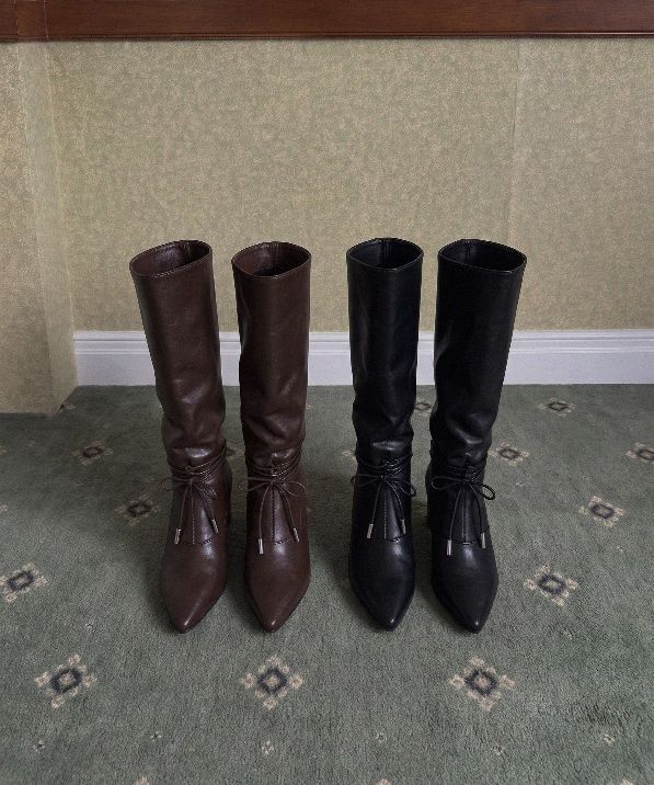 CORSET-TIE POINTED KNEE BOOTS (BROWN, BLACK 2COLORS!)