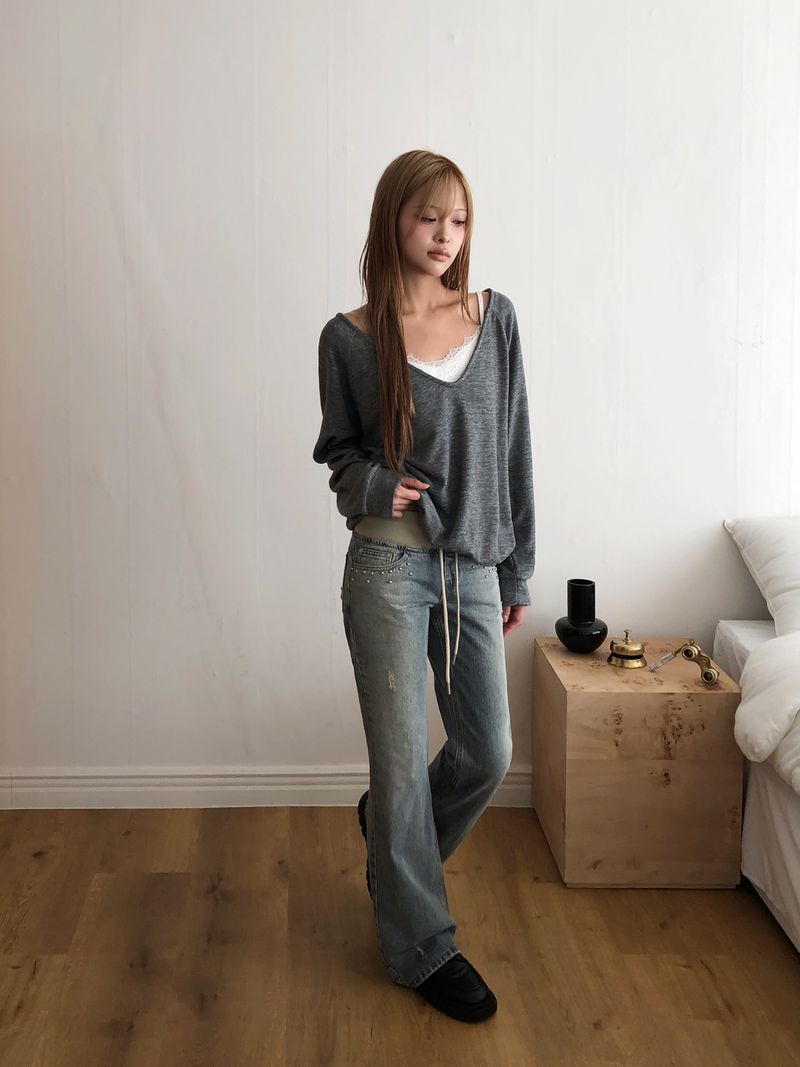 Menan Distressed Banding Bootcut Denim Pants