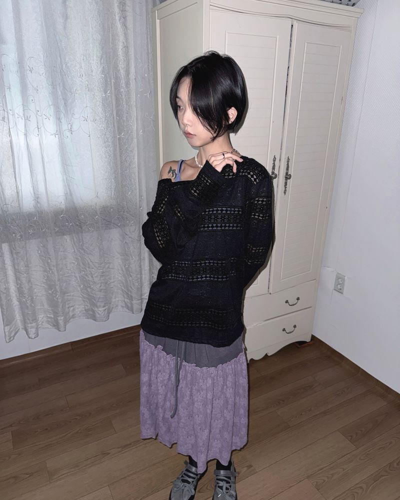 (2color) Flower Mix Lace Sheer Knit