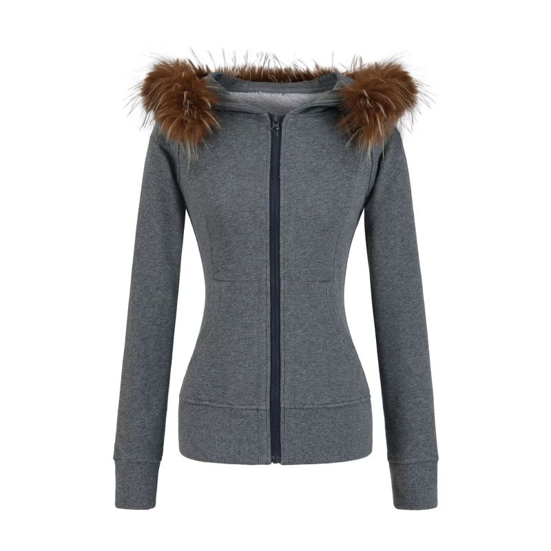 Fur-Trim Slim Hood Zip-Up