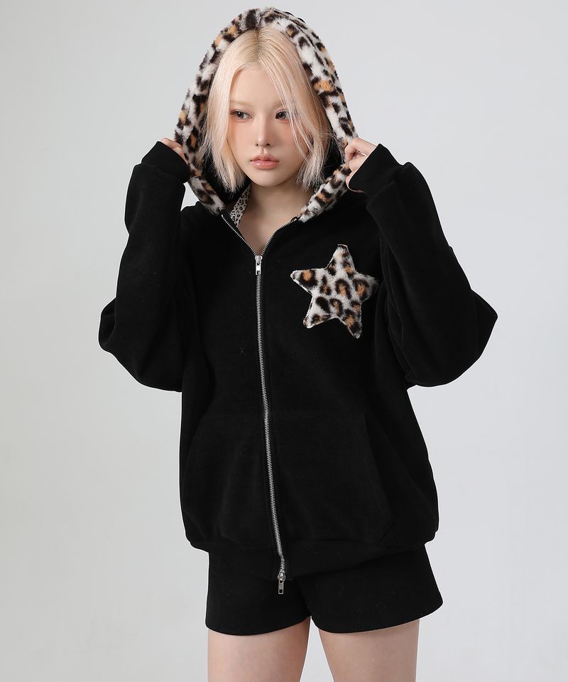 (기모) Leopard Patch Two-way Hood Zip-up
