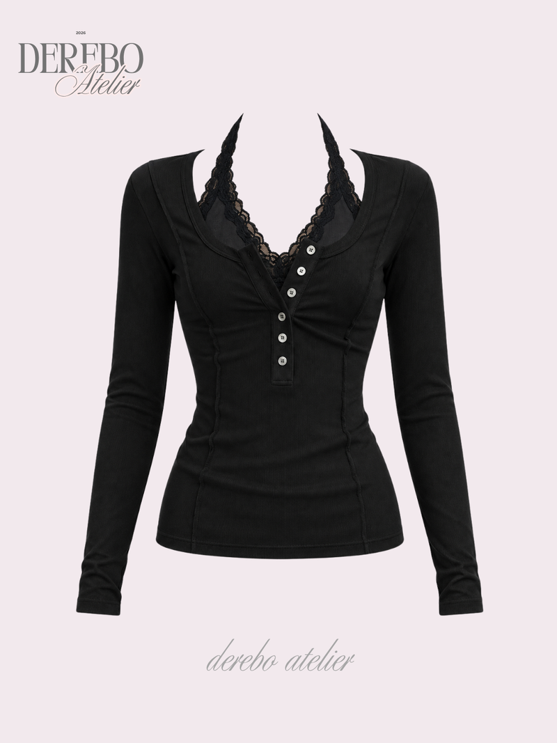 Black halter neck lace button long sleeve tee