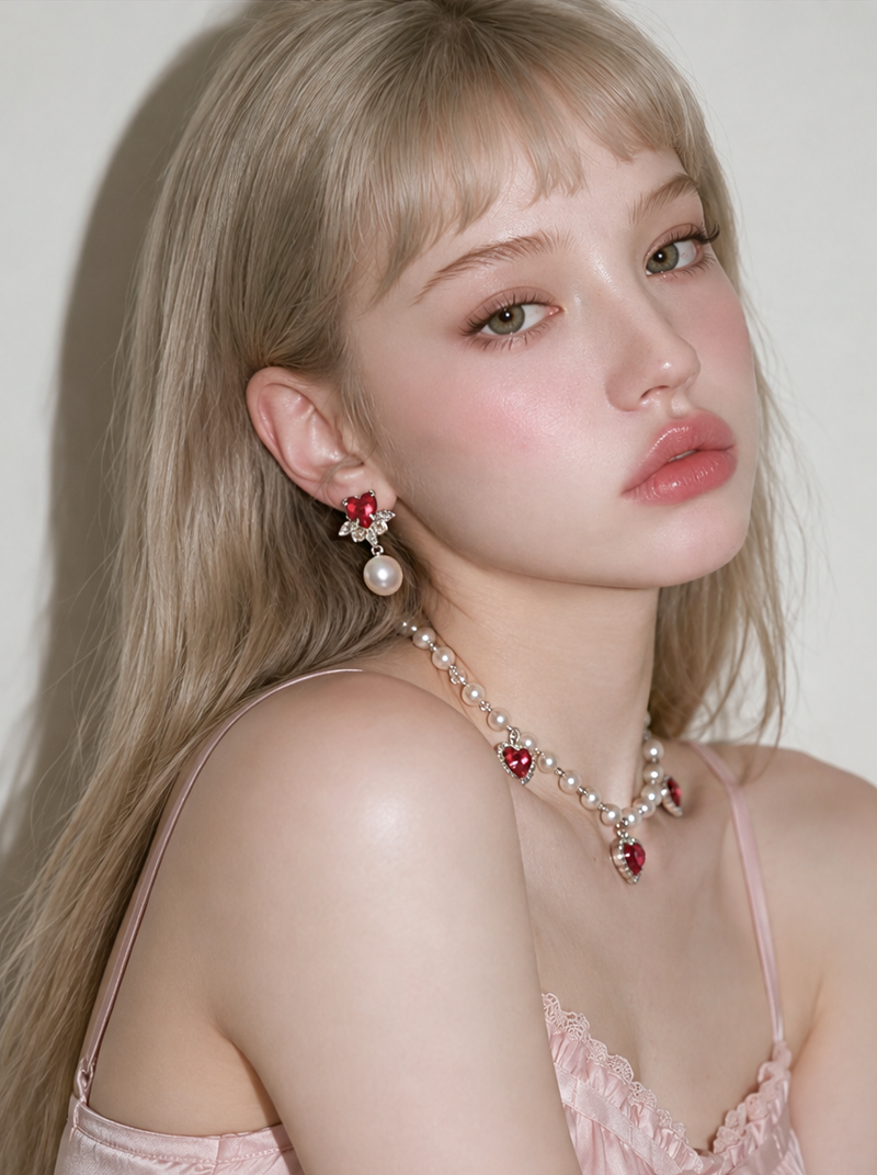 [IU Piercing] Heart Crystal and Pearl Piercing - Rosepink