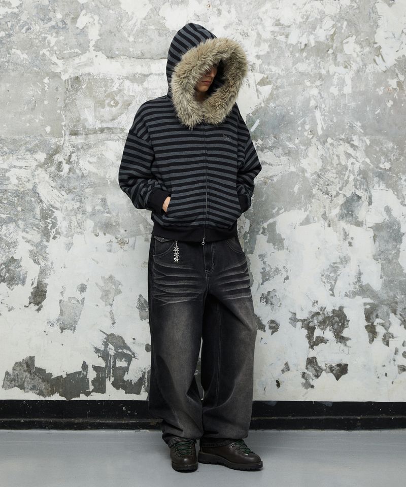 STRIPE FUR HOOD ZIP-UP_BLACK