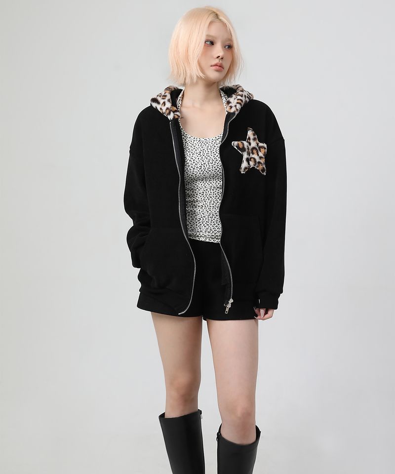(기모) Leopard Patch Two-way Hood Zip-up
