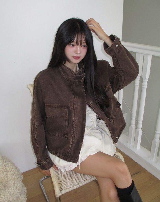Maden Big Pocket Washed Cropped Denim Jacket
