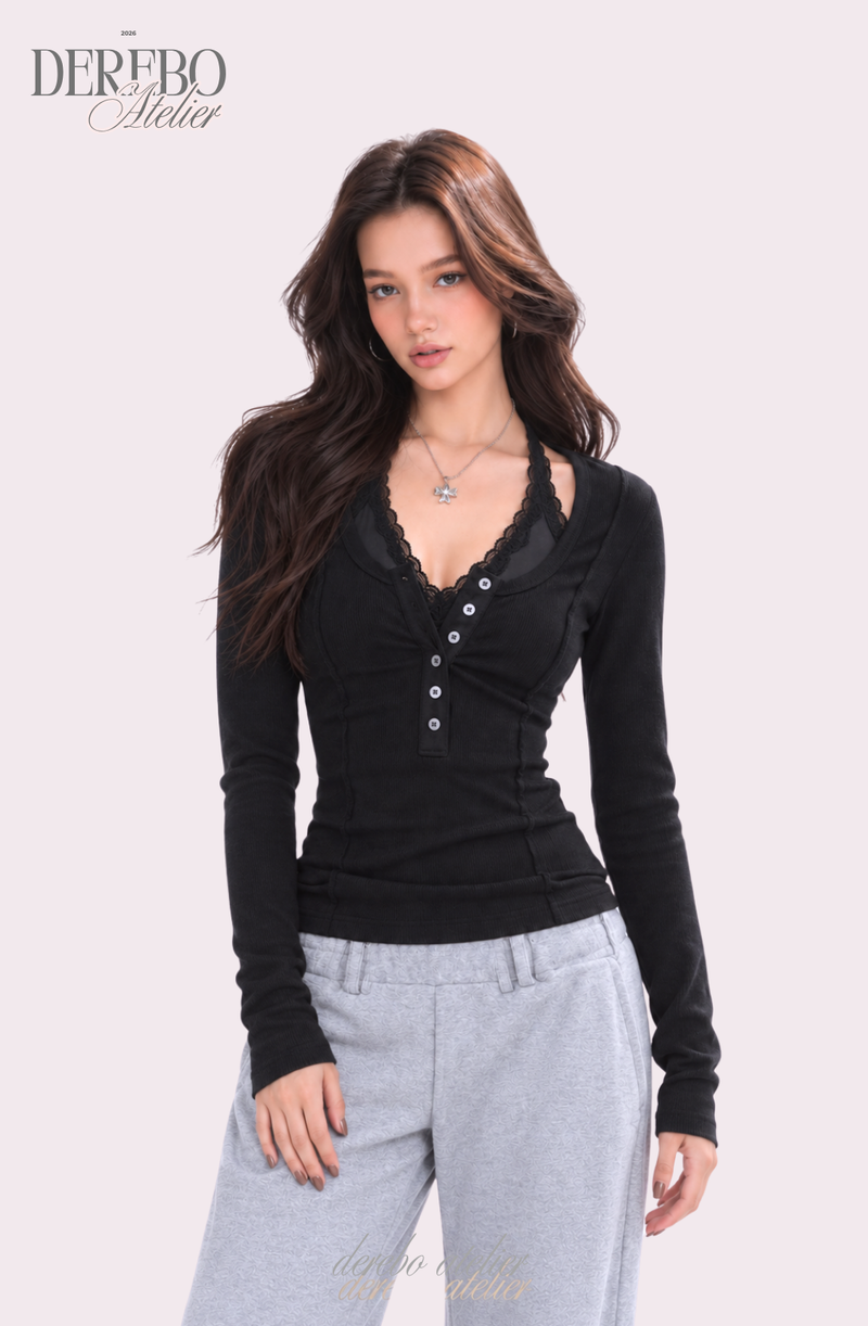 Black halter neck lace button long sleeve tee