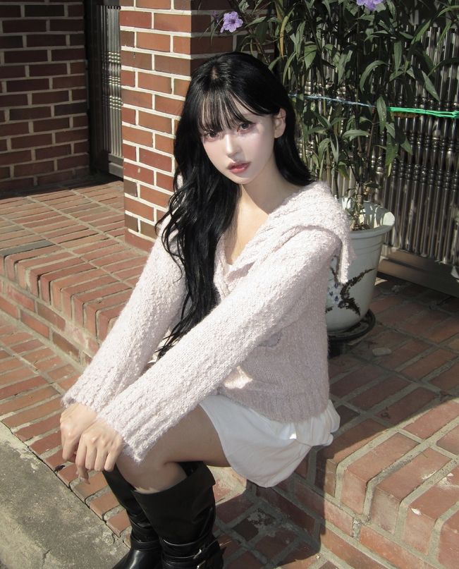 Bebe Sailor Collar Boucle Knit Cardigan