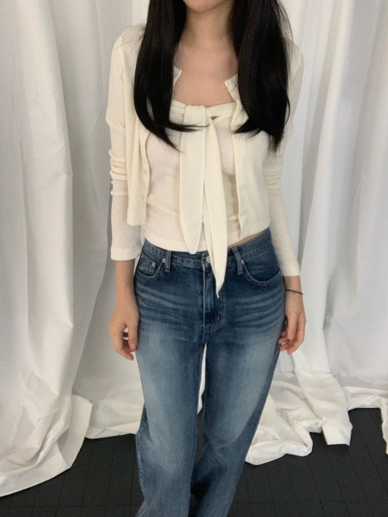 [set] Cervi ribbon sleeveless cardigan set
