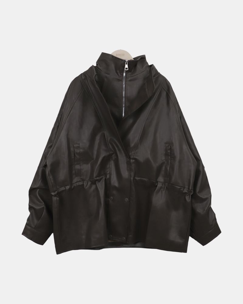 レヴェン ハイネック レイヤード レザー ジャケット