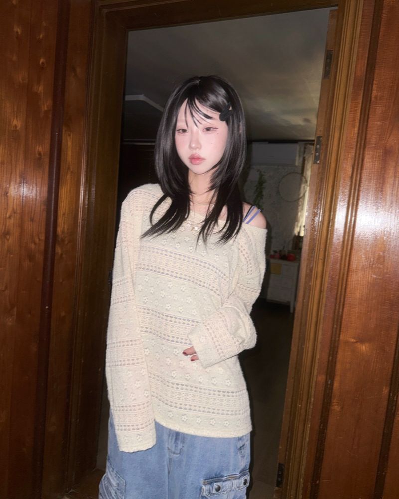(2color) Flower Mix Lace Sheer Knit