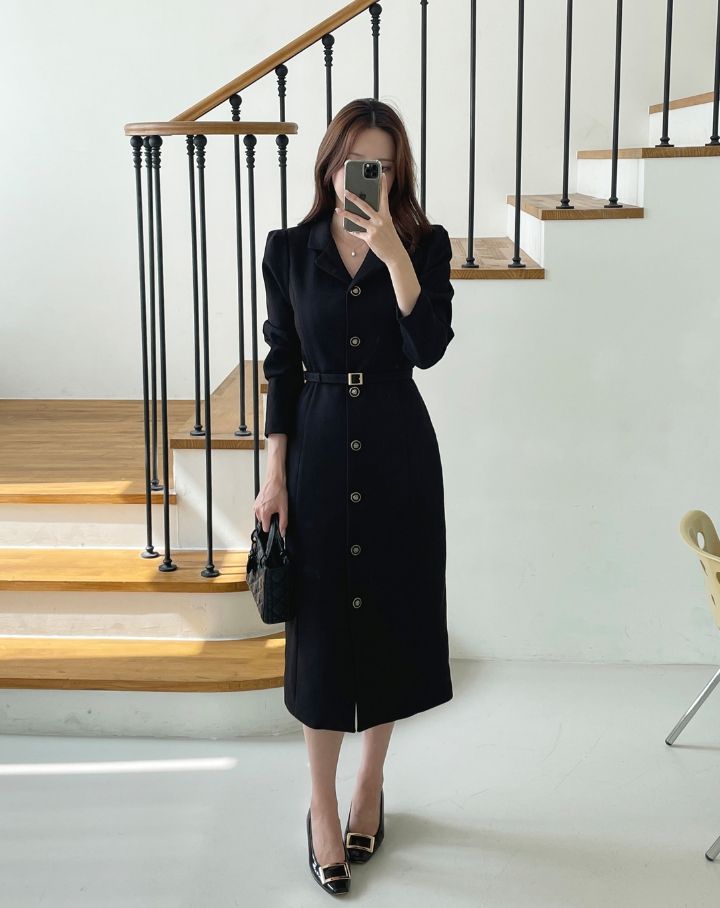 26FW★ ロイセル カラー ボタン Hライン ロング ワンピース (Belt Set)
