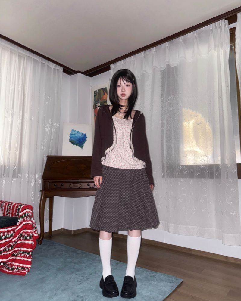 (2color) Dot Pleated Balloon Skirt
