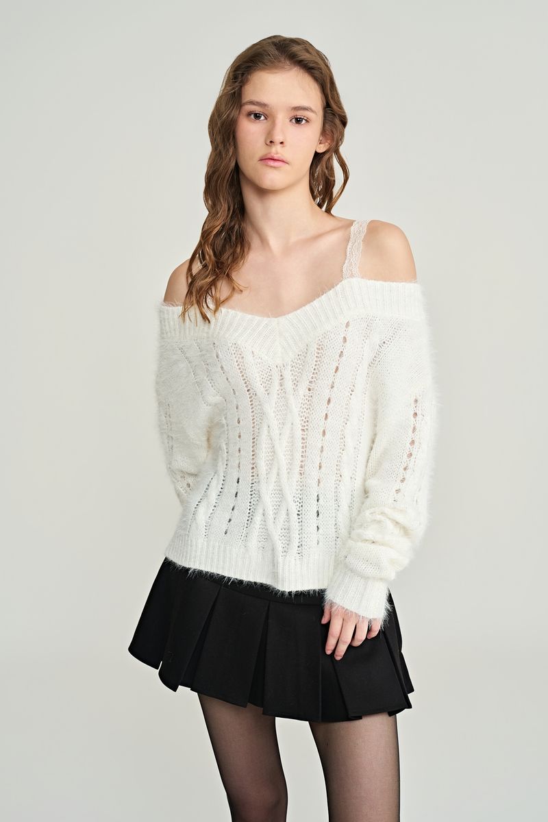 Rose milk fluffy lace knit, Ivory