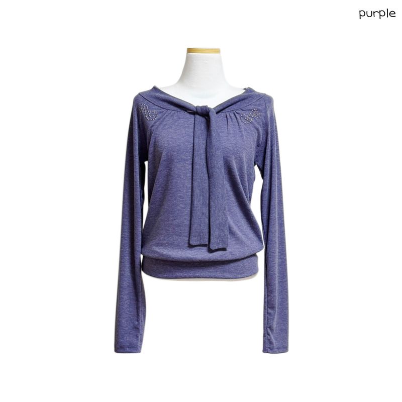 (3color) Studded Tie-Neck Soft Knit Tee