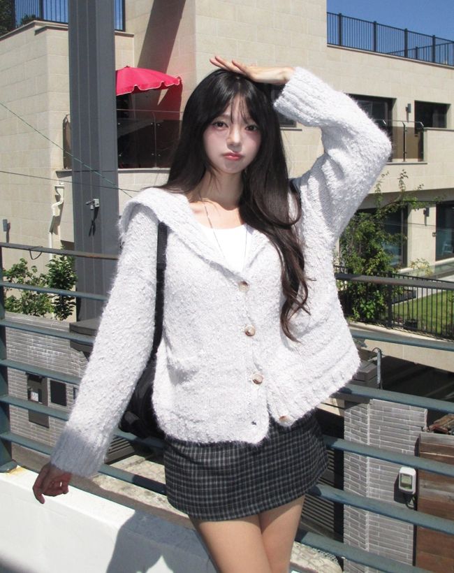 Bebe Sailor Collar Boucle Knit Cardigan