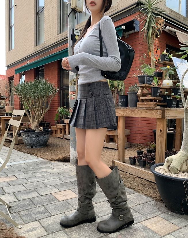 Cheed Check Button Pleated Mini Skirt