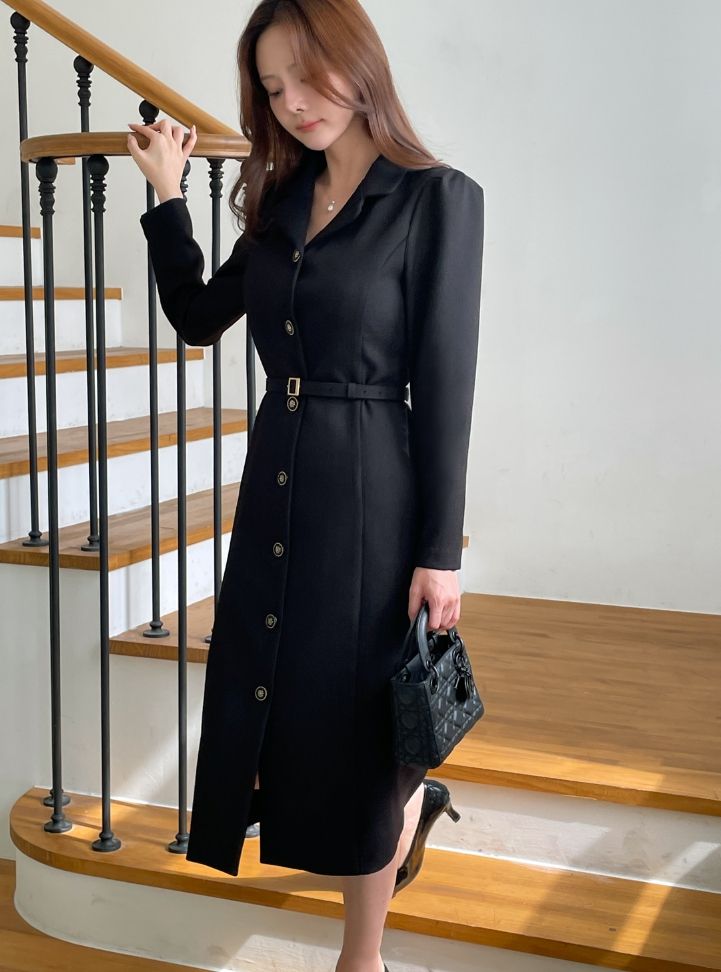 26FW★ ロイセル カラー ボタン Hライン ロング ワンピース (Belt Set)