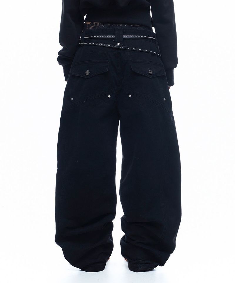 Washed Curved Cotton Pants - Black