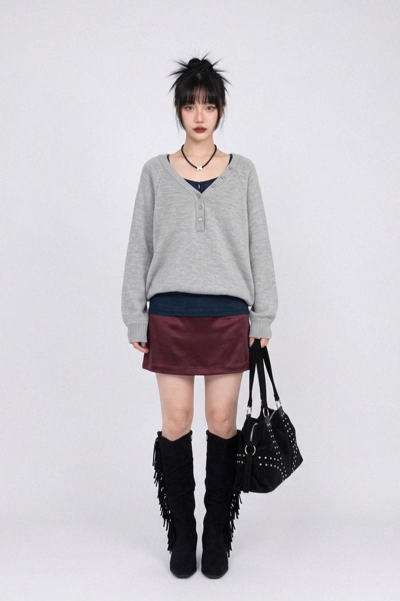 BUTTON-ACCENTED V-NECK KNIT (7COLORS!)