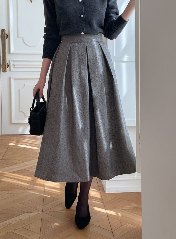 Nortel Pintuck Herringbone Flare Long Skirt