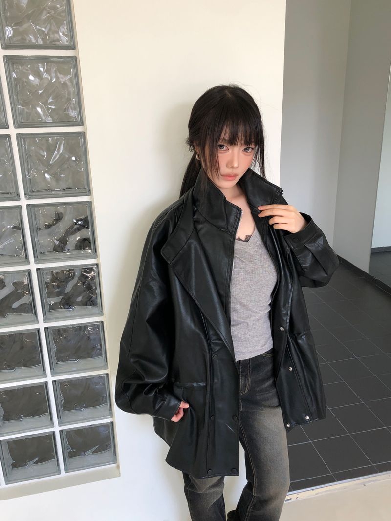 レヴェン ハイネック レイヤード レザー ジャケット