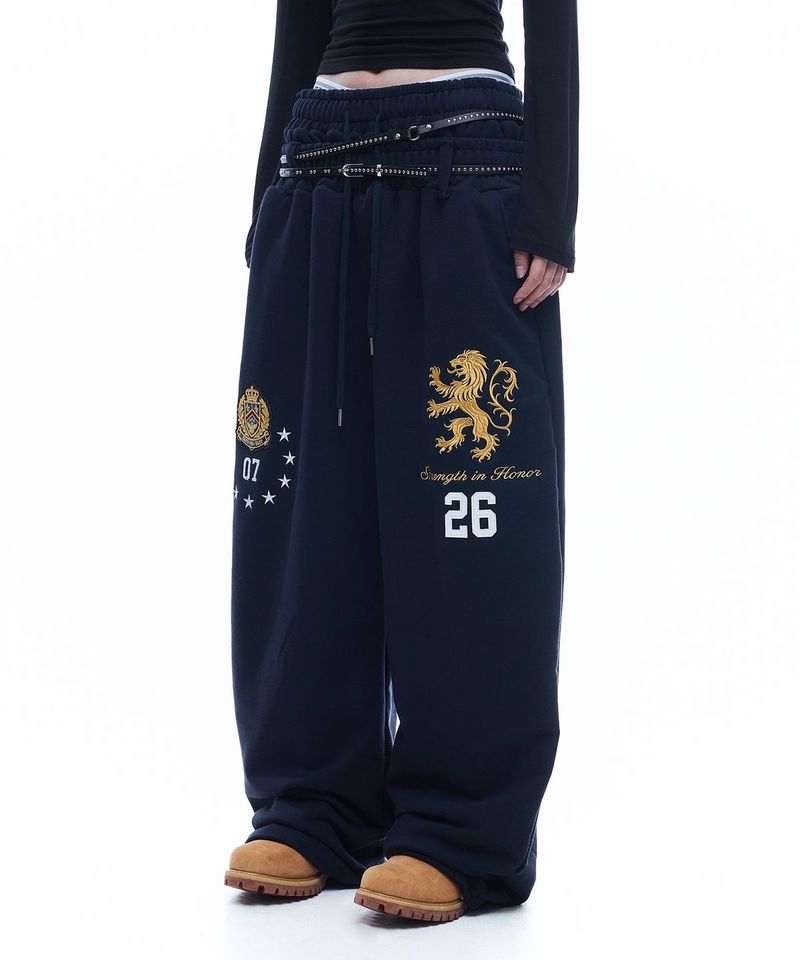 Heraldic Emblem Double-Waist Sweatpants - Navy