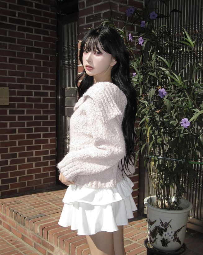 Bebe Sailor Collar Boucle Knit Cardigan