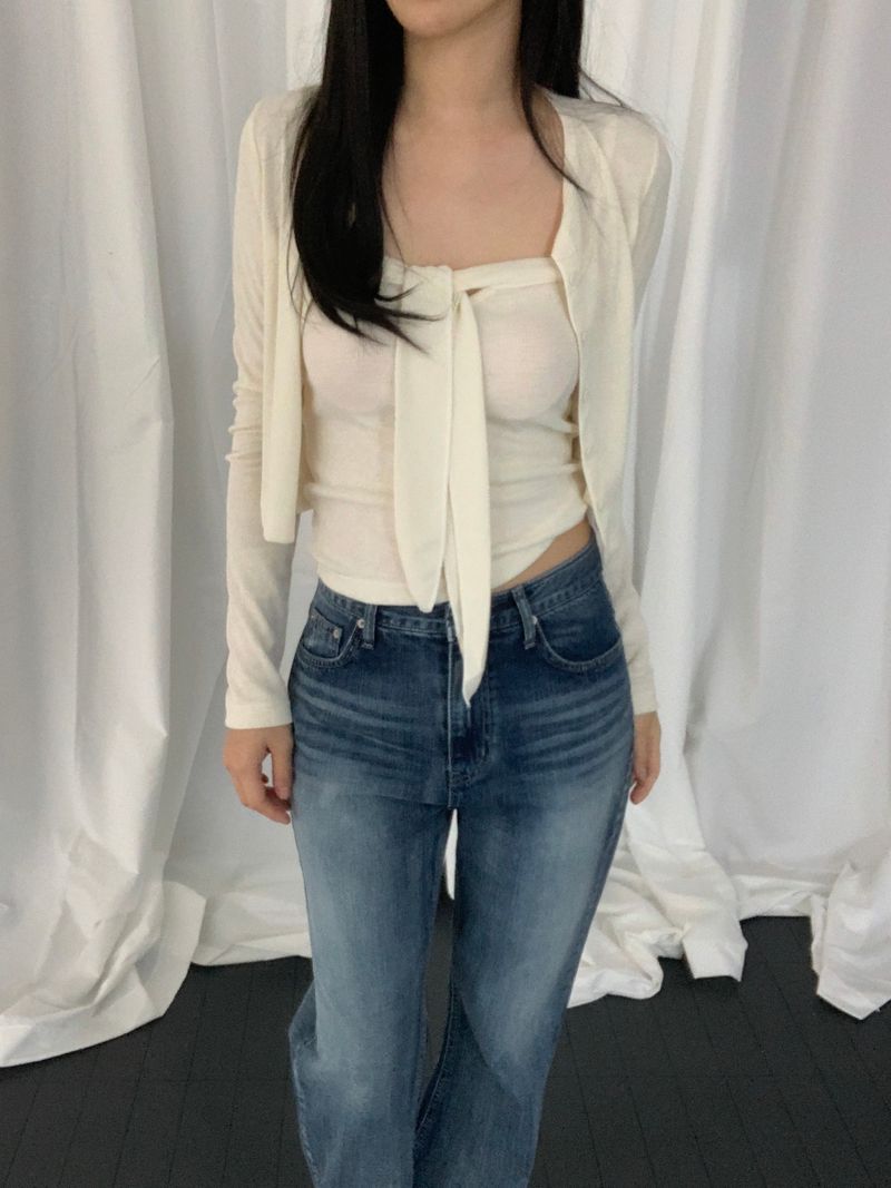 [set] Cervi ribbon sleeveless cardigan set