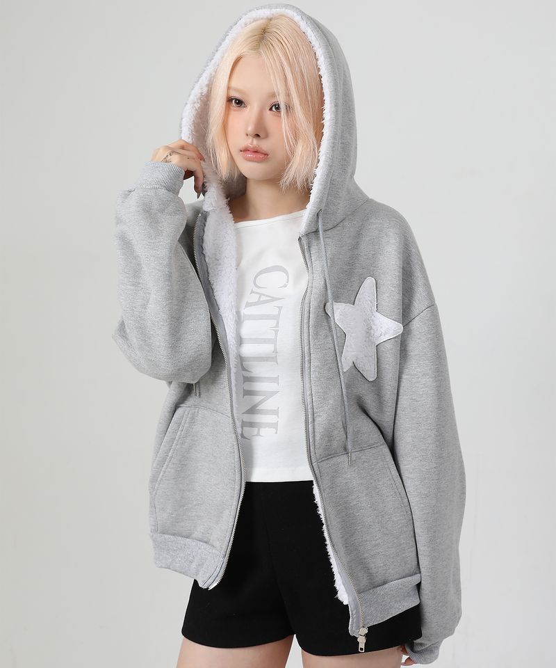 (기모) Patch Two-way Hood Zip-up