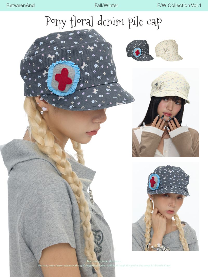 BETWEENAND（ビトゥウィーンアンド）の「BETWEENANDxOliwa Vintage original design: blue hat, beige color, small horse pattern, floral denim hat, pile-style hat for women（Hats）」