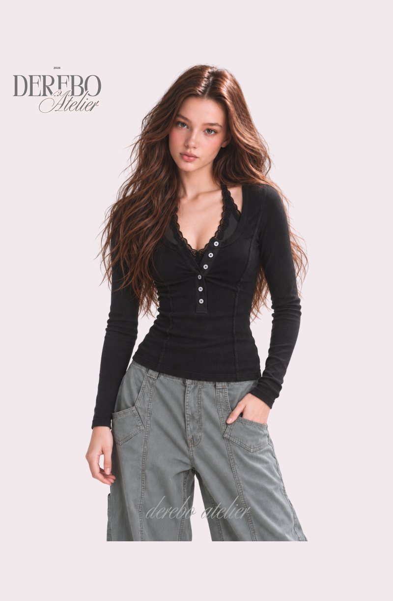 Black halter neck lace button long sleeve tee