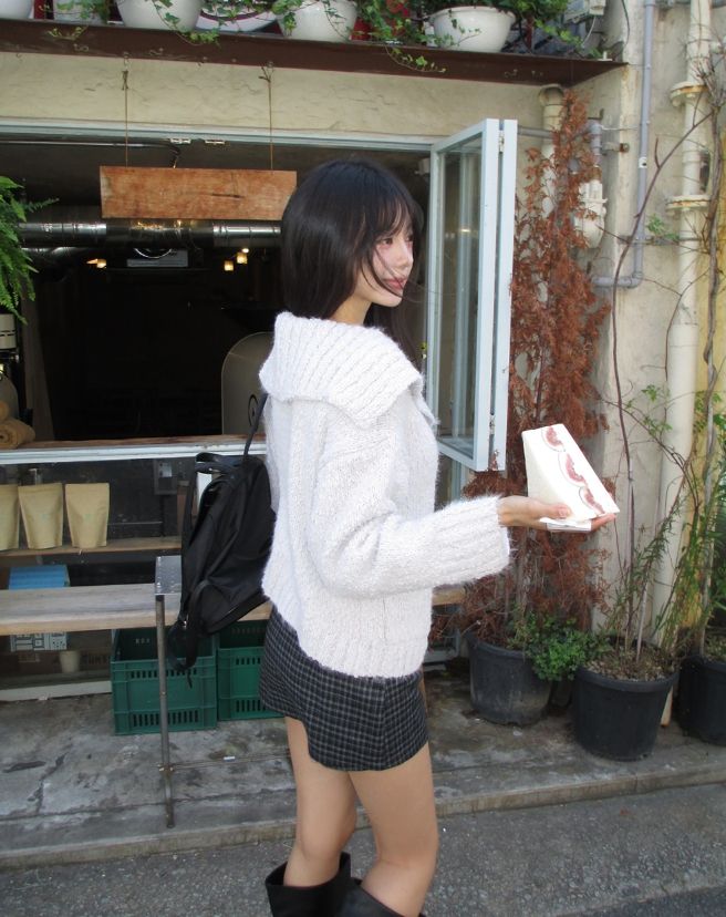 Bebe Sailor Collar Boucle Knit Cardigan