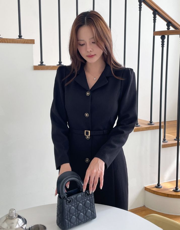 26FW★ ロイセル カラー ボタン Hライン ロング ワンピース (Belt Set)