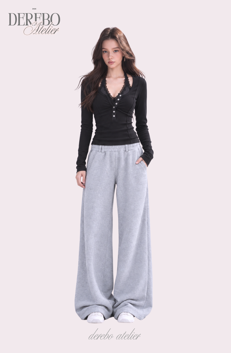 Black halter neck lace button long sleeve tee