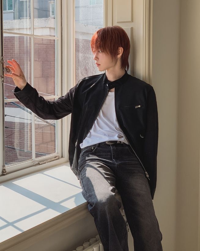 Ento Leather Knit Color Matching Rider Jacket