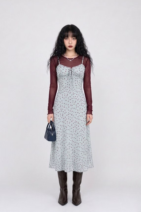 MISTY BLUE POLKA DOT SLIP DRESS