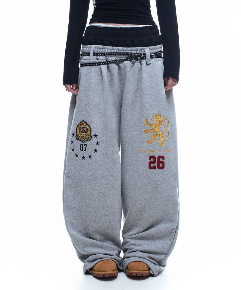 Heraldic Emblem Double-Waist Sweatpants - Gray