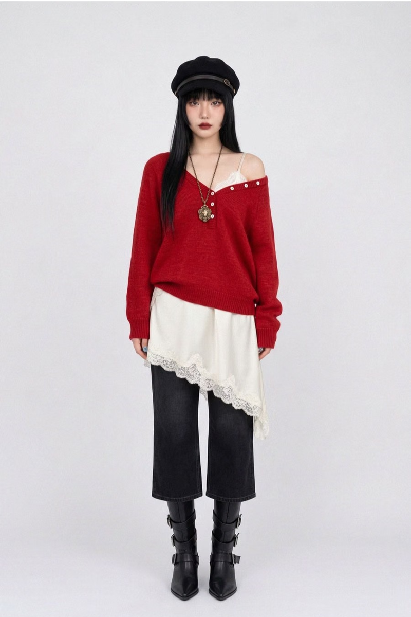 BUTTON-ACCENTED V-NECK KNIT (RED)