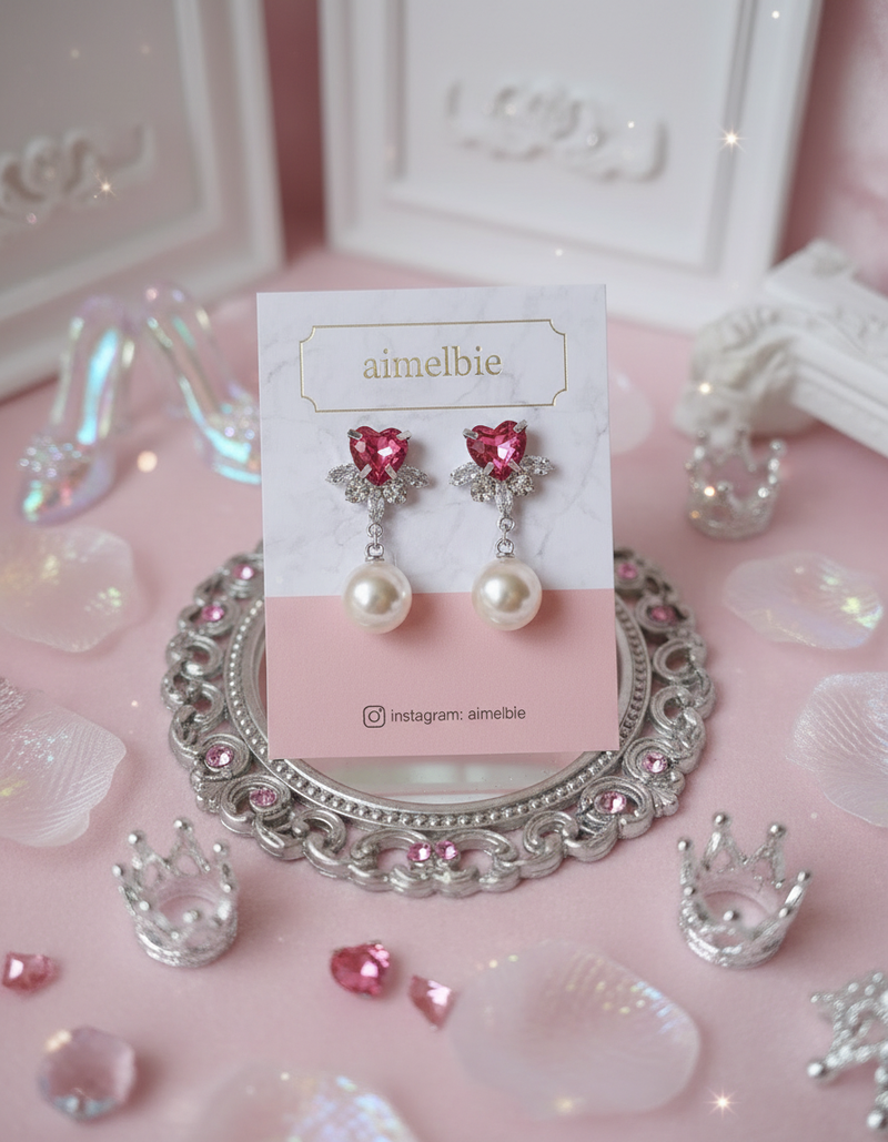 [IU Piercing] Heart Crystal and Pearl Piercing - Rosepink