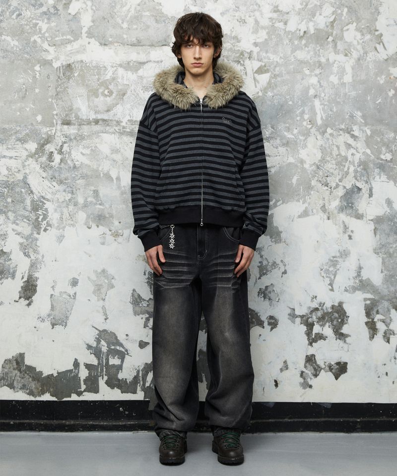 STRIPE FUR HOOD ZIP-UP_BLACK