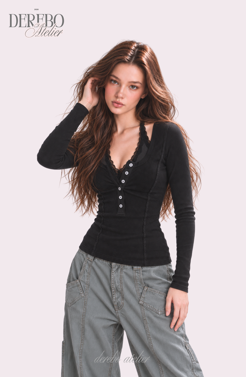 Black halter neck lace button long sleeve tee