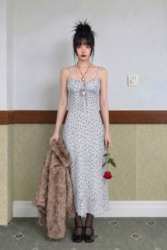 MISTY BLUE POLKA DOT SLIP DRESS