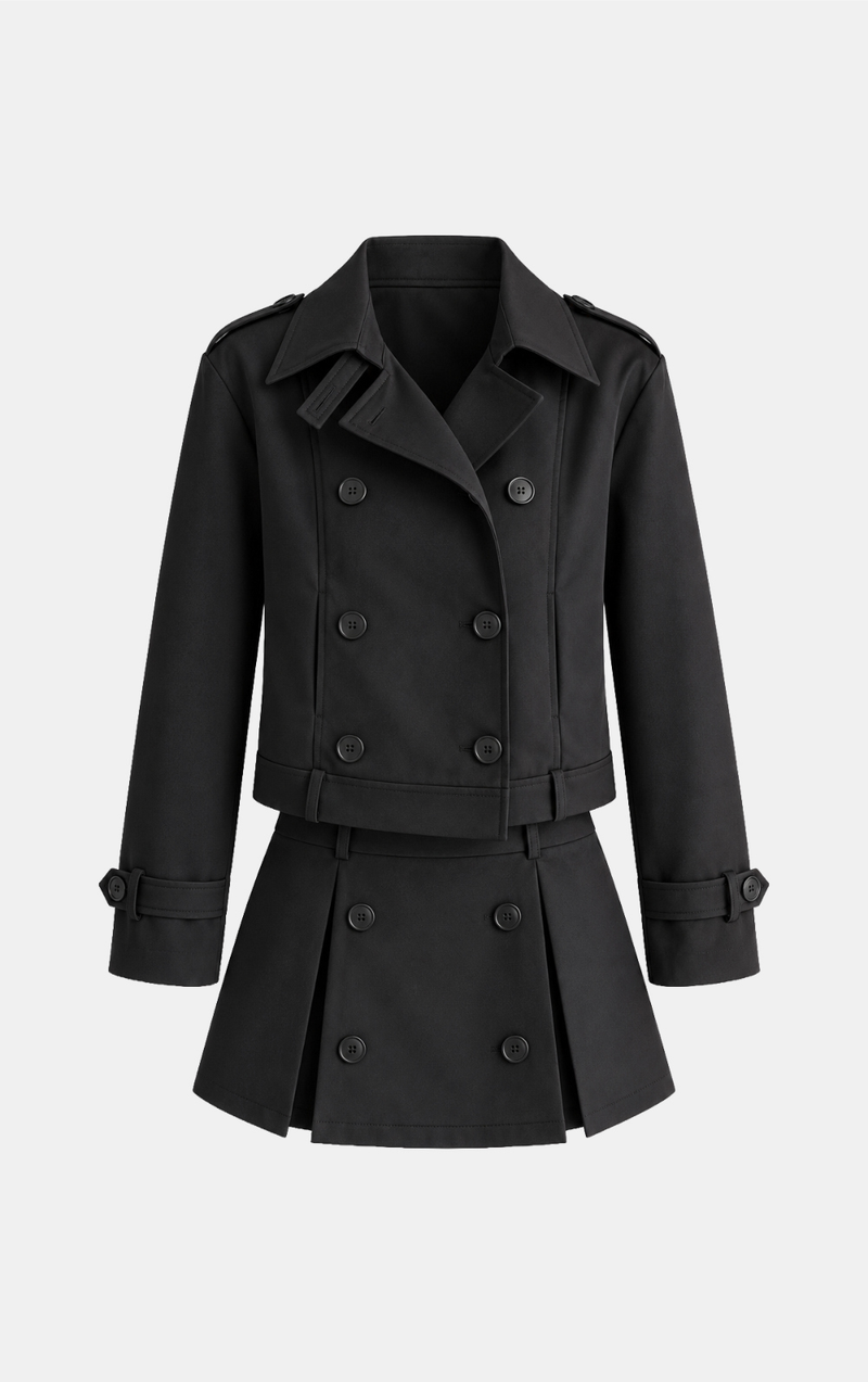 Double-Breasted Trench Jacket & Skirt Set