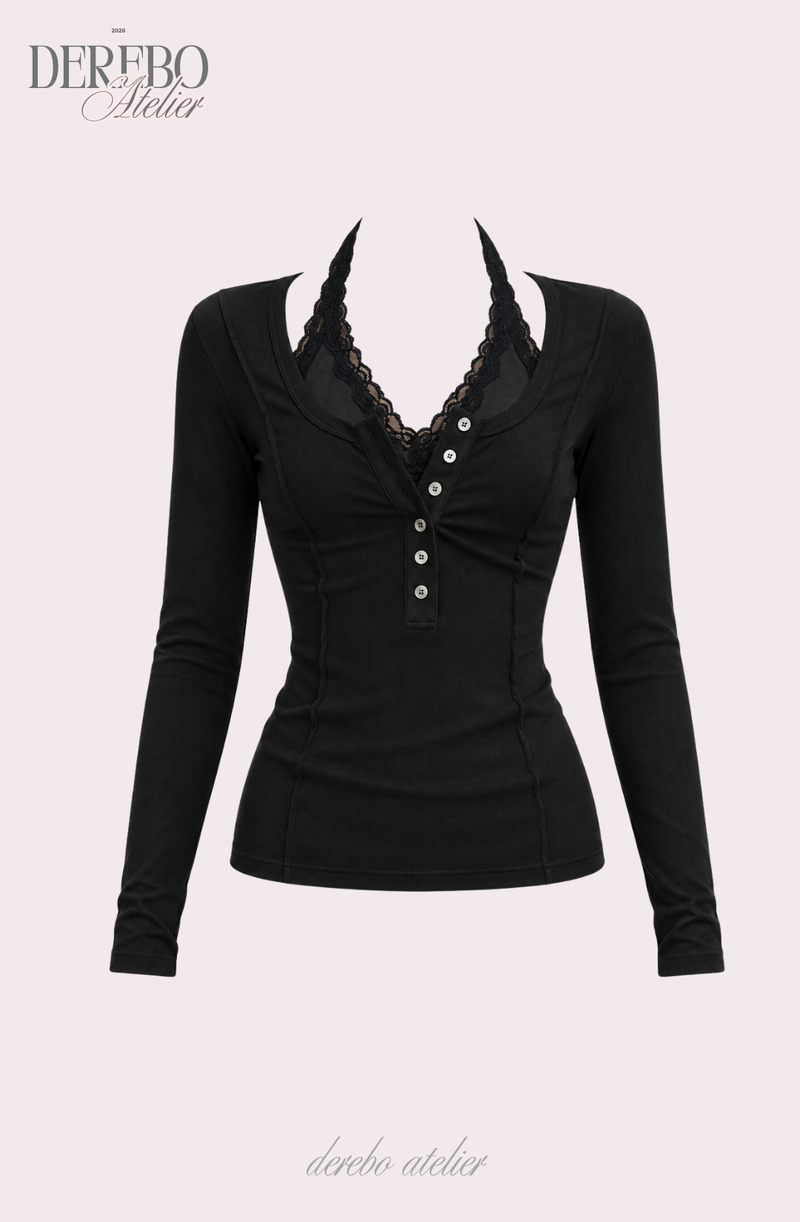 Black halter neck lace button long sleeve tee