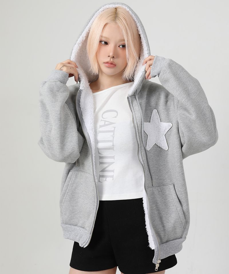 (기모) Patch Two-way Hood Zip-up